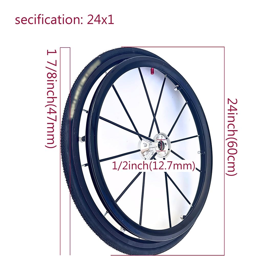 24 x 1 Rueda Trasera para Sillas de Ruedas, 24 Pulgadas Ruedas de Repuesto para Sillas de Ruedas Deportivas, Neumáticos Reemplazables, con Cojinete de 1/2" (1 Juego de 2)