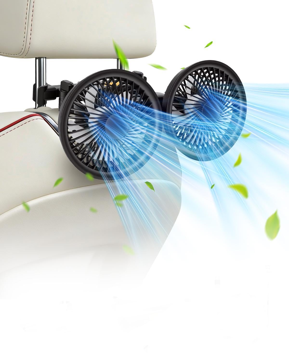 Ventola per Auto USB C Ventilatore Auto Doppia Testa Ventilatore per Sedile Posteriore 5V/2A Rotazione a 360°con 3 Velocità e Display Digitale per Camion SUV RV Cani