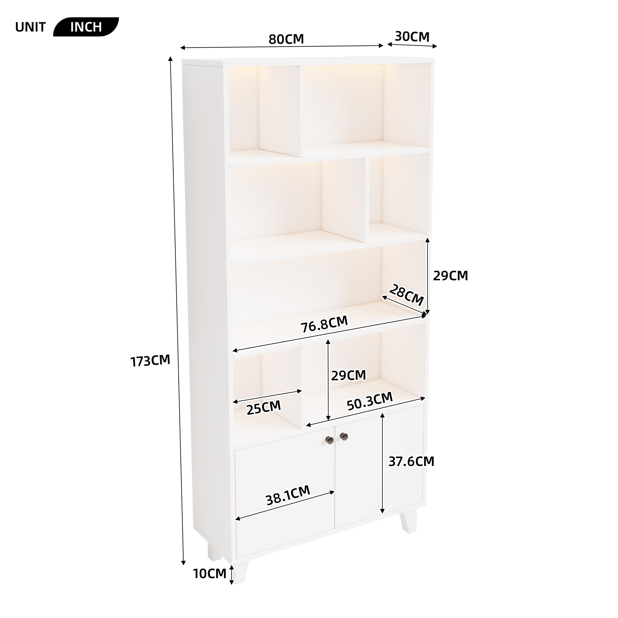 80 x 30 x 173 cm estantería, patas de madera maciza, varios compartimentos, puertas dobles, luz LED que cambia de color, mando a distancia, forma simple (blanco)