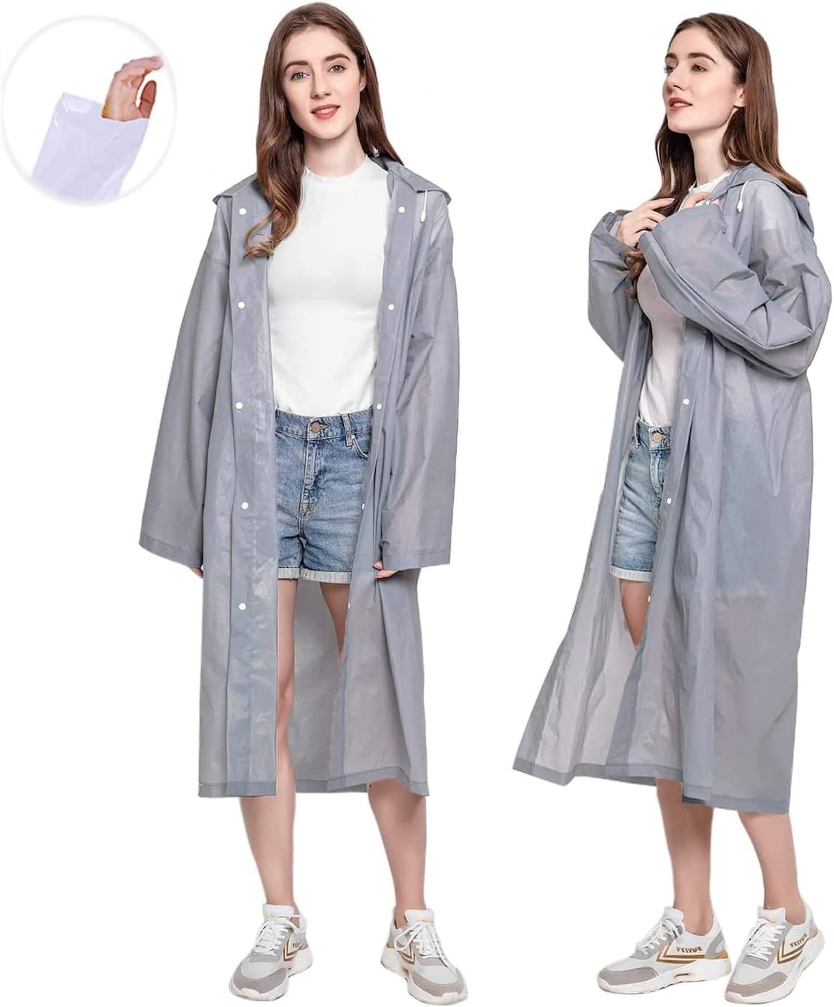 Raincoat Rain Poncho for Adults, EVA Rain Poncho for Women and Men Reusable Raincoat Jacket Packable Raincoat for Family Fishing/Travel/Emergency/no PVC with Hood and Elastic Sleeveng