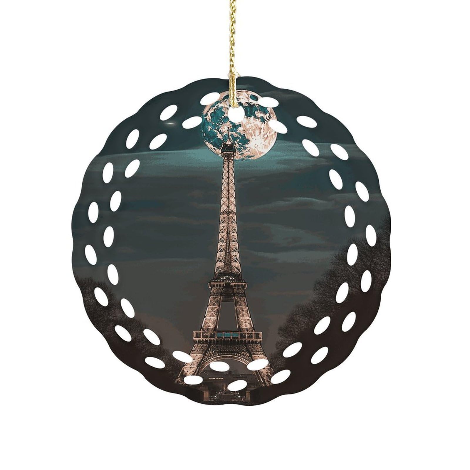 Fekiloot Women's Style Full Moon Paris Eiffel Tower Ceramic Ornaments 3 Inch Round,Holiday Keepsake For ,Girls,Pet Owners,Hanging Ornament Gifts Idea For Home
