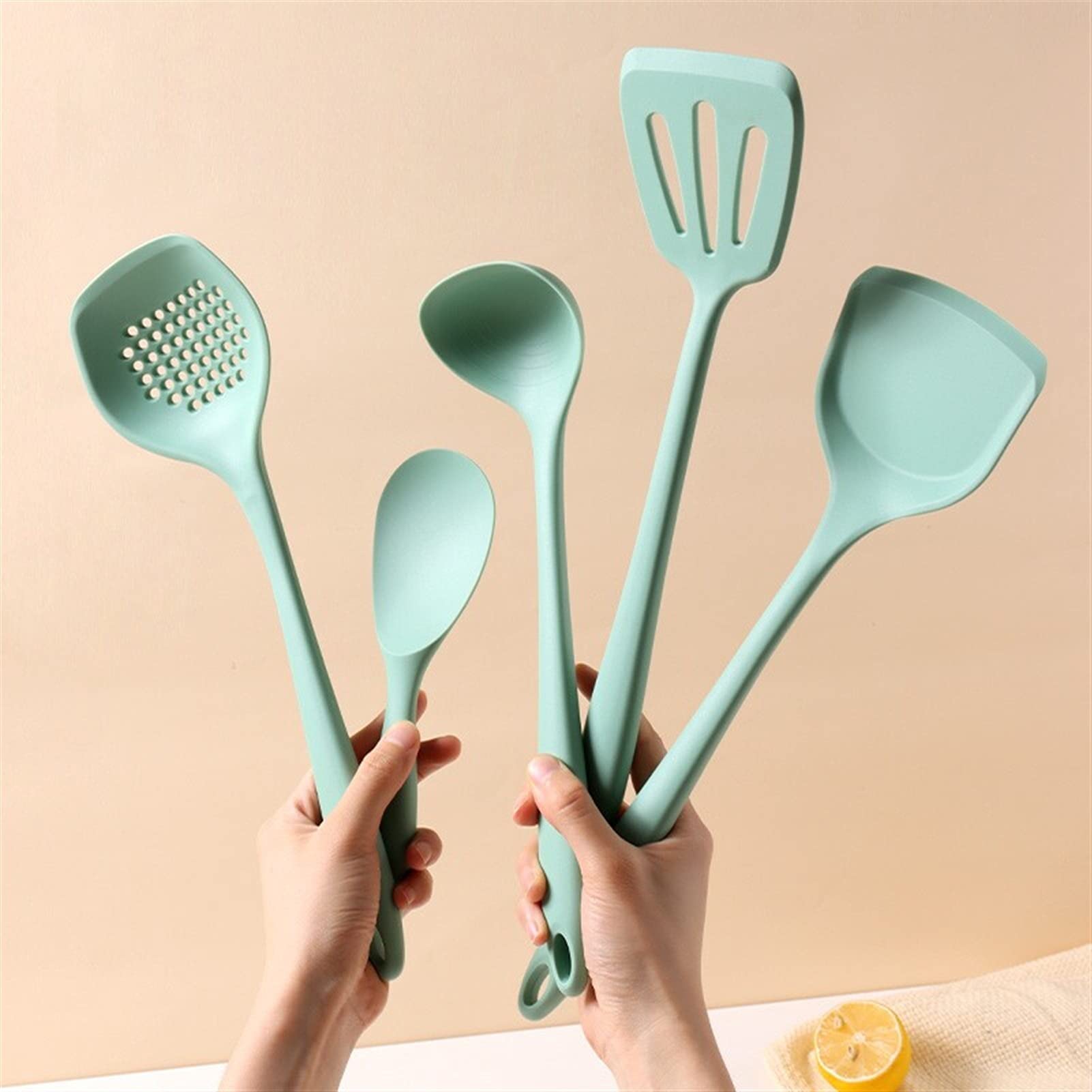 Espátula Juego de espátula de silicona: 6 piezas de utensilios de cocina, incluye espátula, cuchara for sopa, espátula for freír, colador, cuchara for arroz, estante de almacenamiento, espát