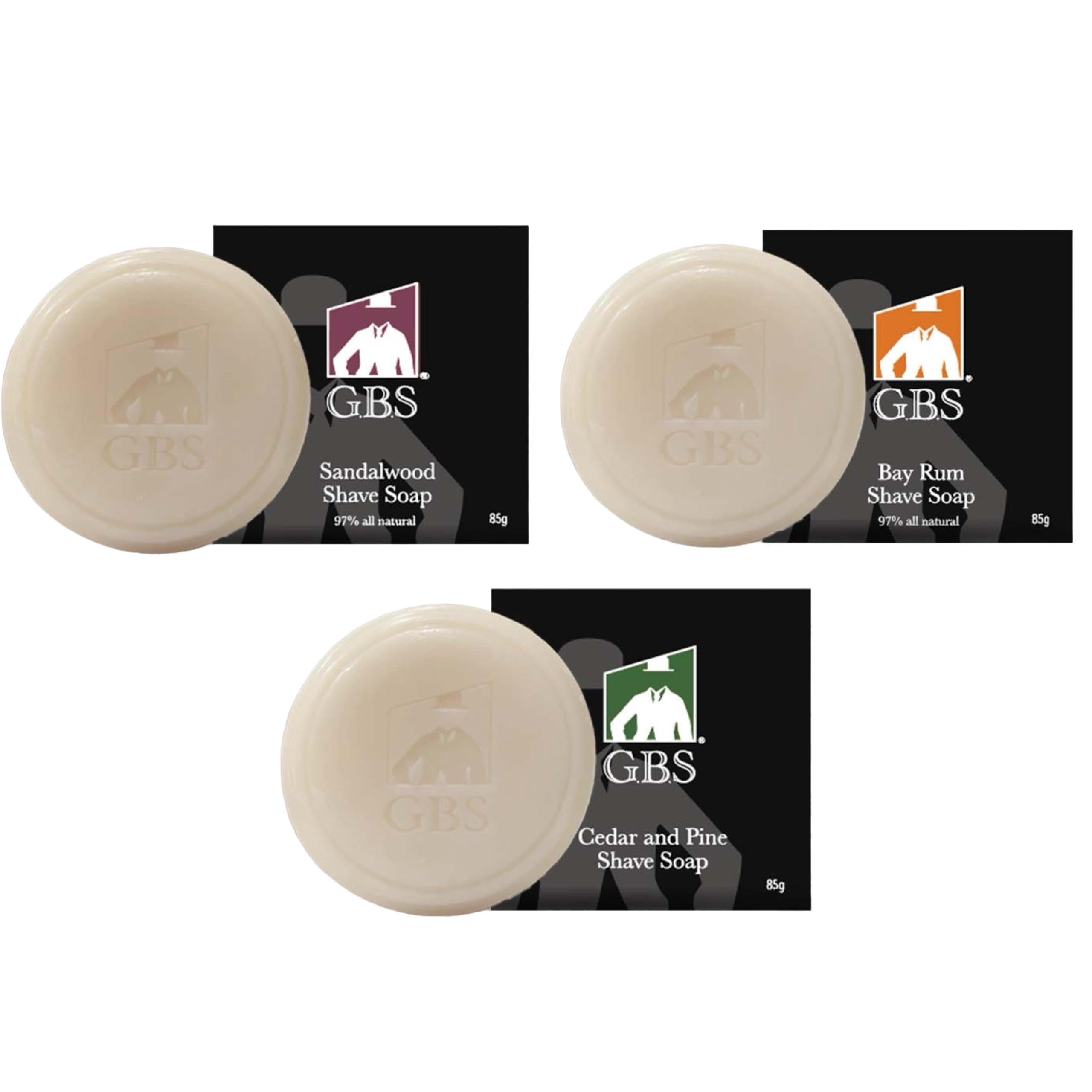 GBS 97% All Natural Shave Soap Made in the USA - 3 Pack. Scents : Ocean Driftwood, Sandalwood and Bayrum. Creates a Rich Lather Foam for Ultimate Wet Shaving Experience