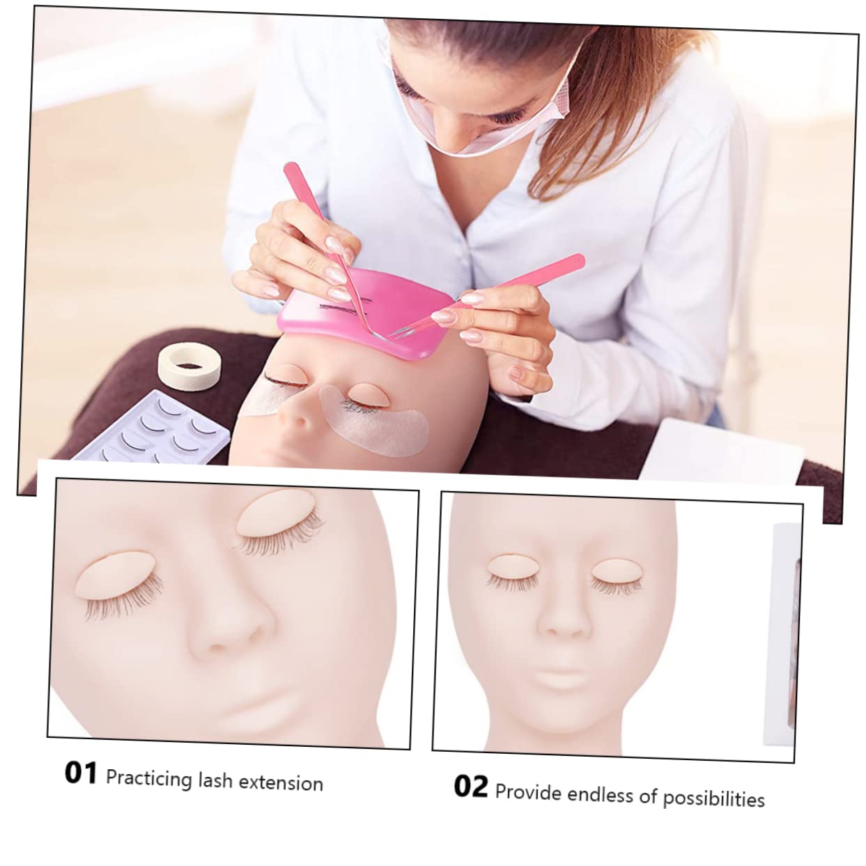 DOITOOL Modellkopf Für Wimpernverlängerung Trainingskopf Für Kosmetikübungen Ausstellungskopf in Rosa Wiederverwendbar Für Anfänger Und Profis