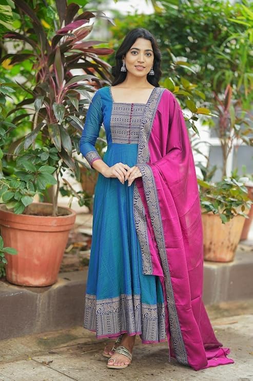 Image of Women's Vichitra Silk Anarkali Gown with Dupatta, Pink, Jacquard Zari Weaving, Designer Party Ethnic Wear