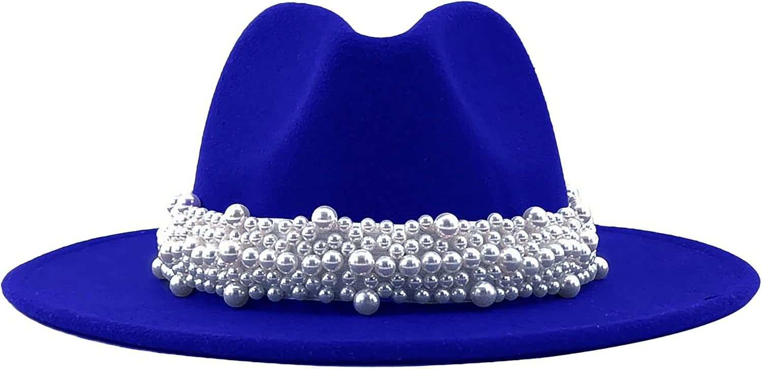 Black Fedora Hats for Women Wool Panama Hat with Pearl Band Wide Brim Felt Hat Classic Trilby Hat - Image 2