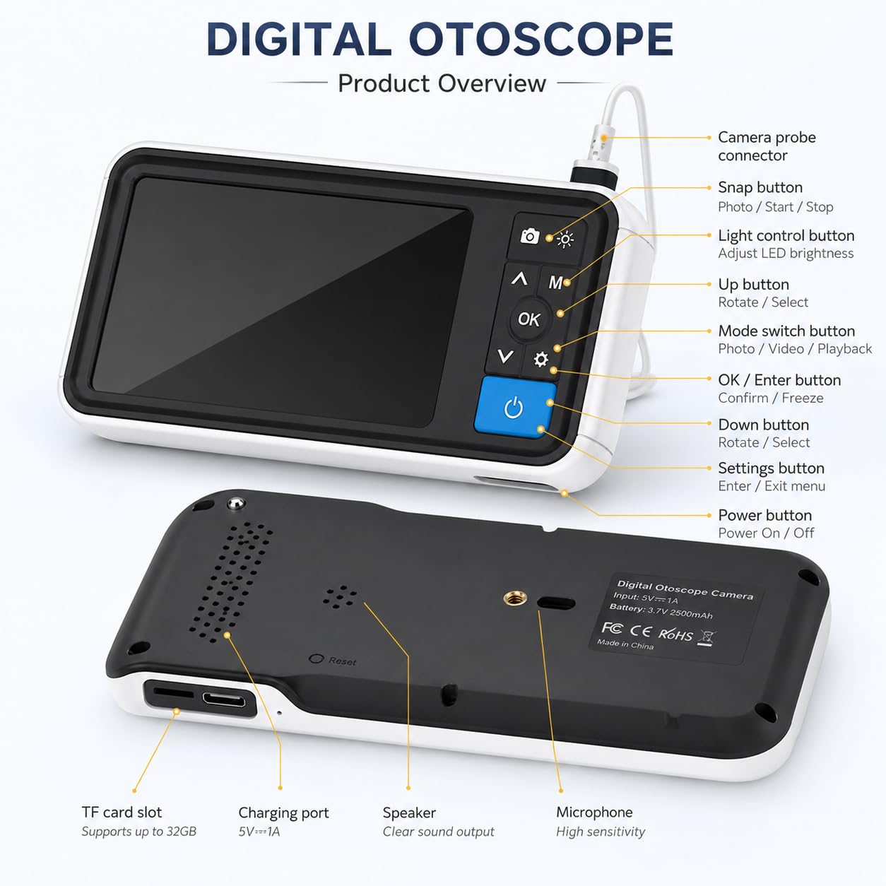Otoscopio digital con pantalla de 4.5 pulgadas, cámara auditiva de 3.9 mm con 6 luces LED y batería recargable para adultos, niños y mascotas