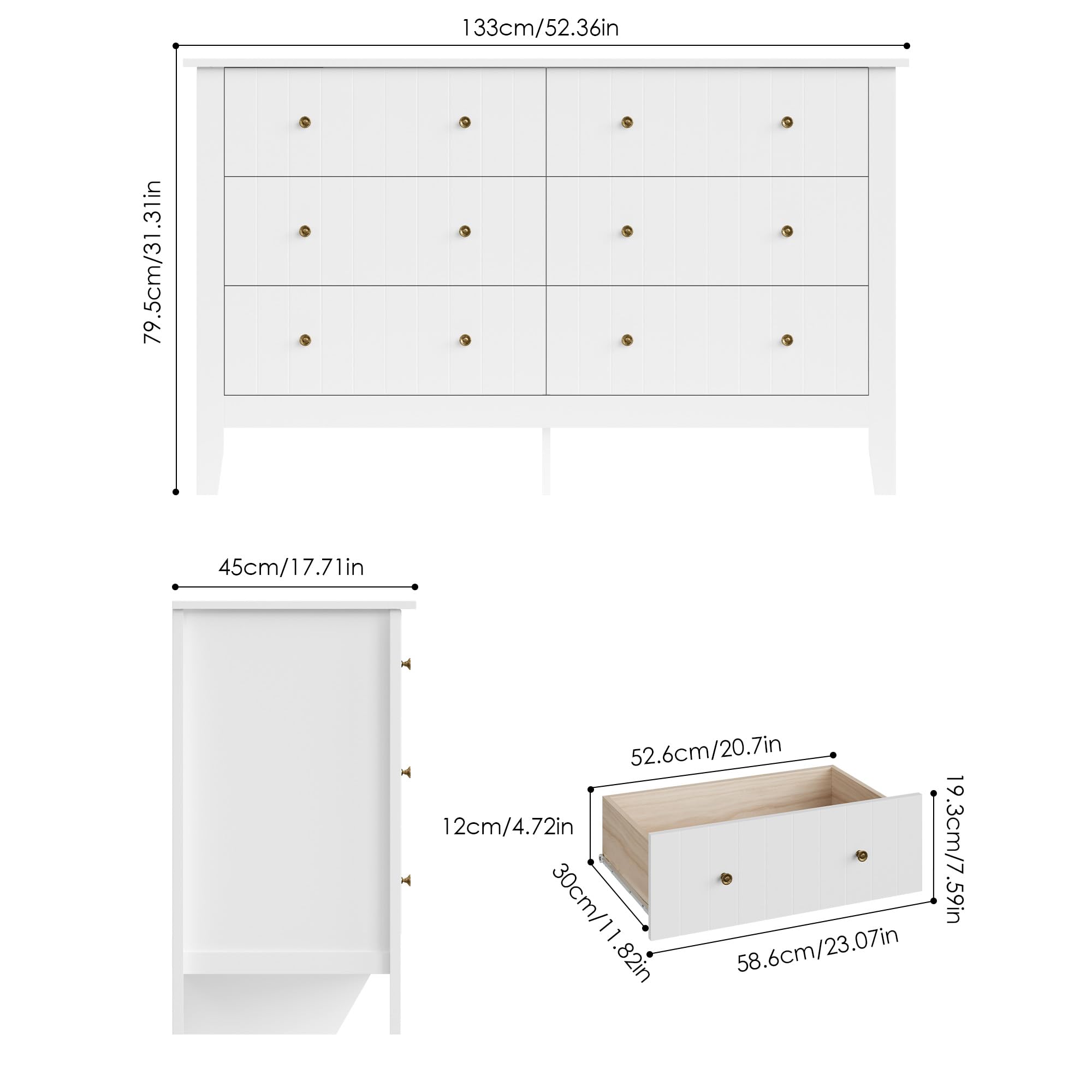 FOREHILL Kommode mit 6 Schubladen 133cm breit Sideboard im Landhausstil