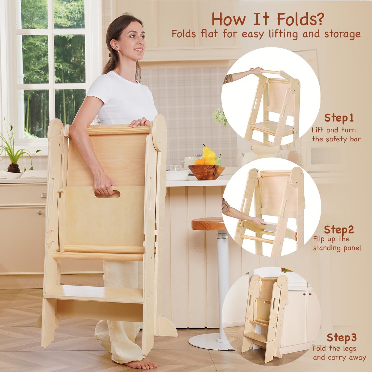 Montessori Torre de Aprendizaje Plegable para Niños, Madera con Pizarra y Barra de Seguridad