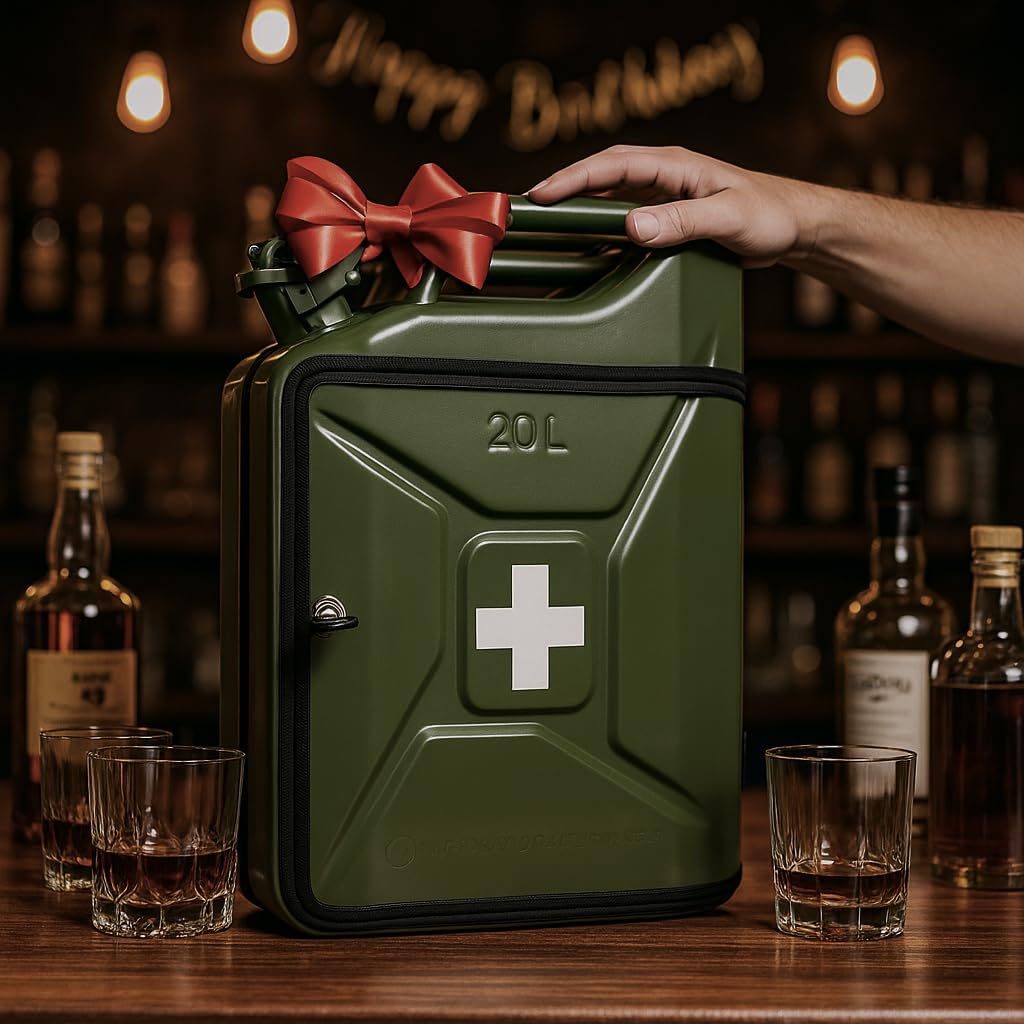 20L Kanister Mini Bar Premium I Maximal personalisierbar mit Gravur & LED Beleuchtung I 3 Gläser I Jerrycan I Mobile Kanister Bar Geschenk für Männer I Abschließbare Minibar I Bier Geschenk