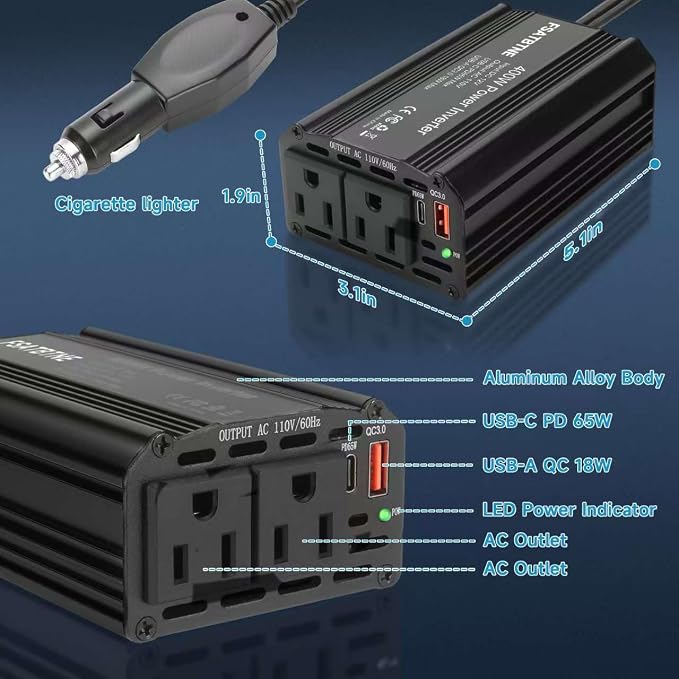 Inversor de corriente 400W FSATBTNE DC 12V a 110V AC con puertos USB y 2 salidas miniatura 5