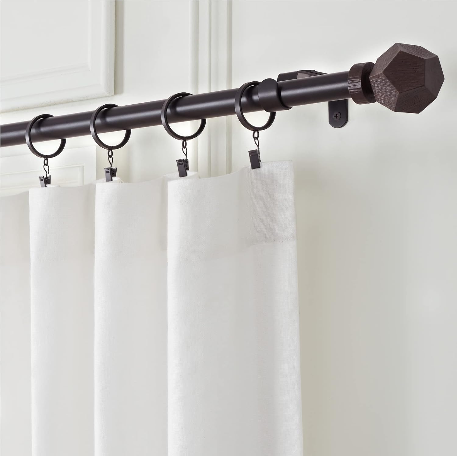 MODE Premium Collection 1 1/8" Diameter Curtain Rod Set with Geo Curtain Rod Finials and Steel Wall Mounted Adjustable Curtain Rod, Fits 72” to 144” Windows, Matte Black and Dark Brown