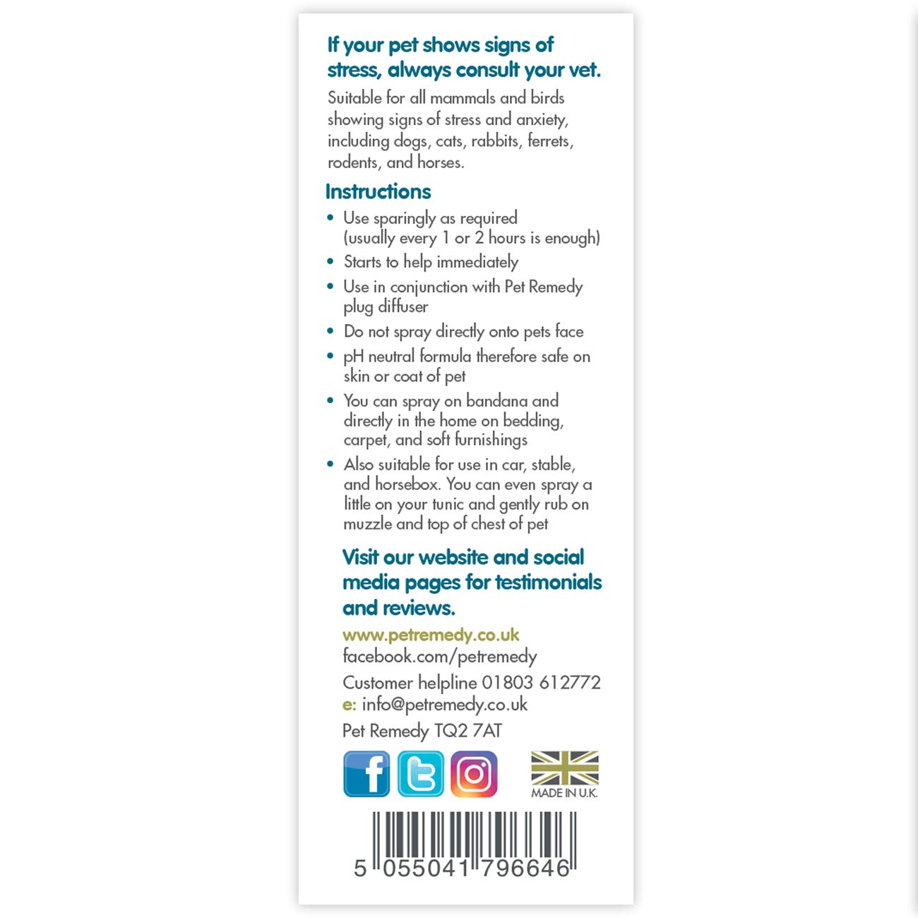Pet Remedy Natural Efficace Calmante De-Stress Sollievo ansia Cani Gatti Cavalli (15 ml Mini Spray)