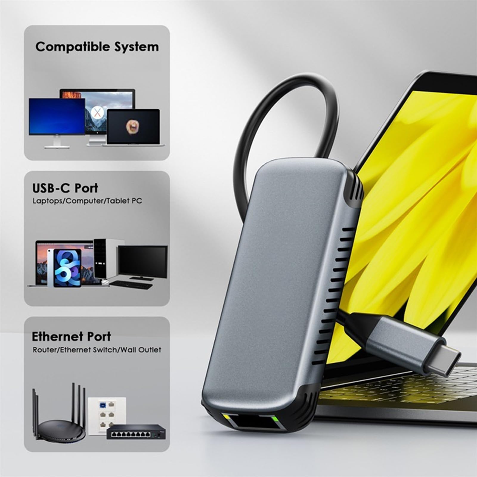 Adaptateur USB C vers RJ45 Ethernet 5 Gbit/s Corps en aluminium Vitesse rapide Plug Play pour ordinateur portable Tablette Adaptateur USB Ethernet en aluminium