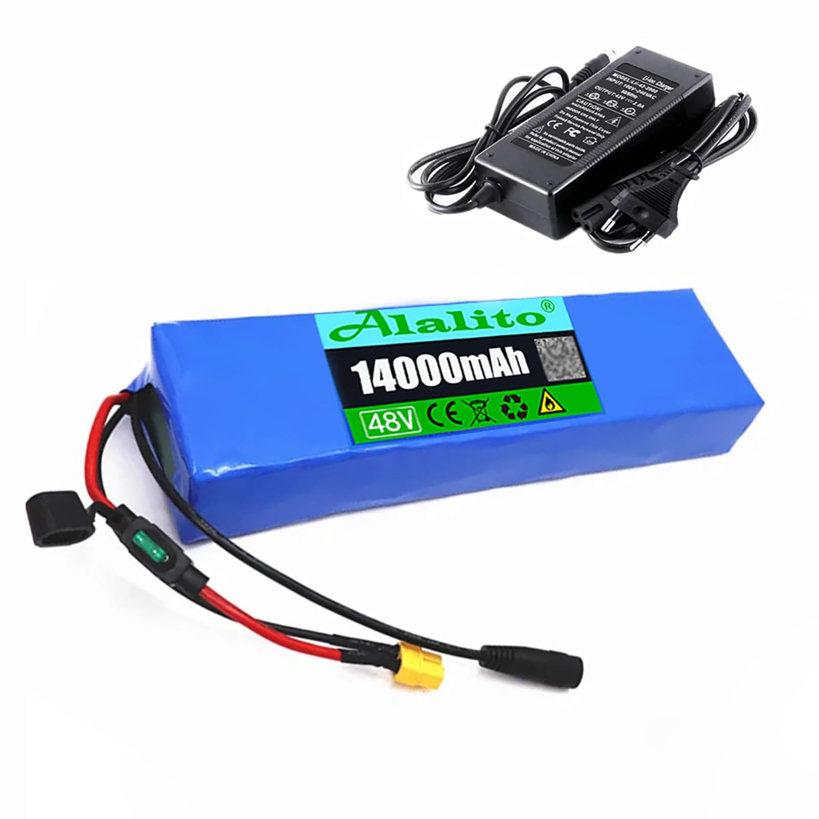 Batería De Bicicleta Eléctrica De 48 V Y 14 Ah, Paquete De Batería De Litio 13S2P con Cargador, Batería De Iones De Litio para Karts Y Scooters, Resistente Al Agua