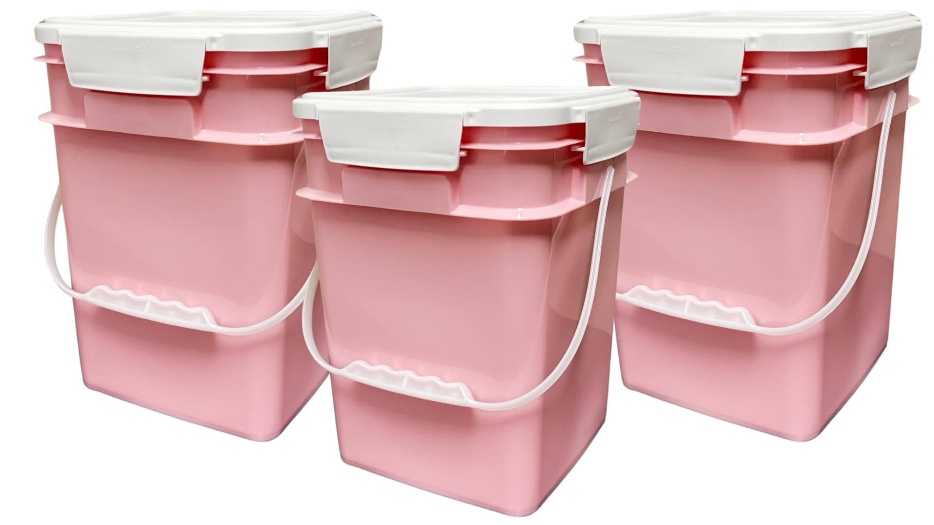 House Naturals 4 Gallon Square Food Grade Bucket Pail with Plastic Handles and Lid (Pack of 3) Made in USA containers (Pink - White lids)