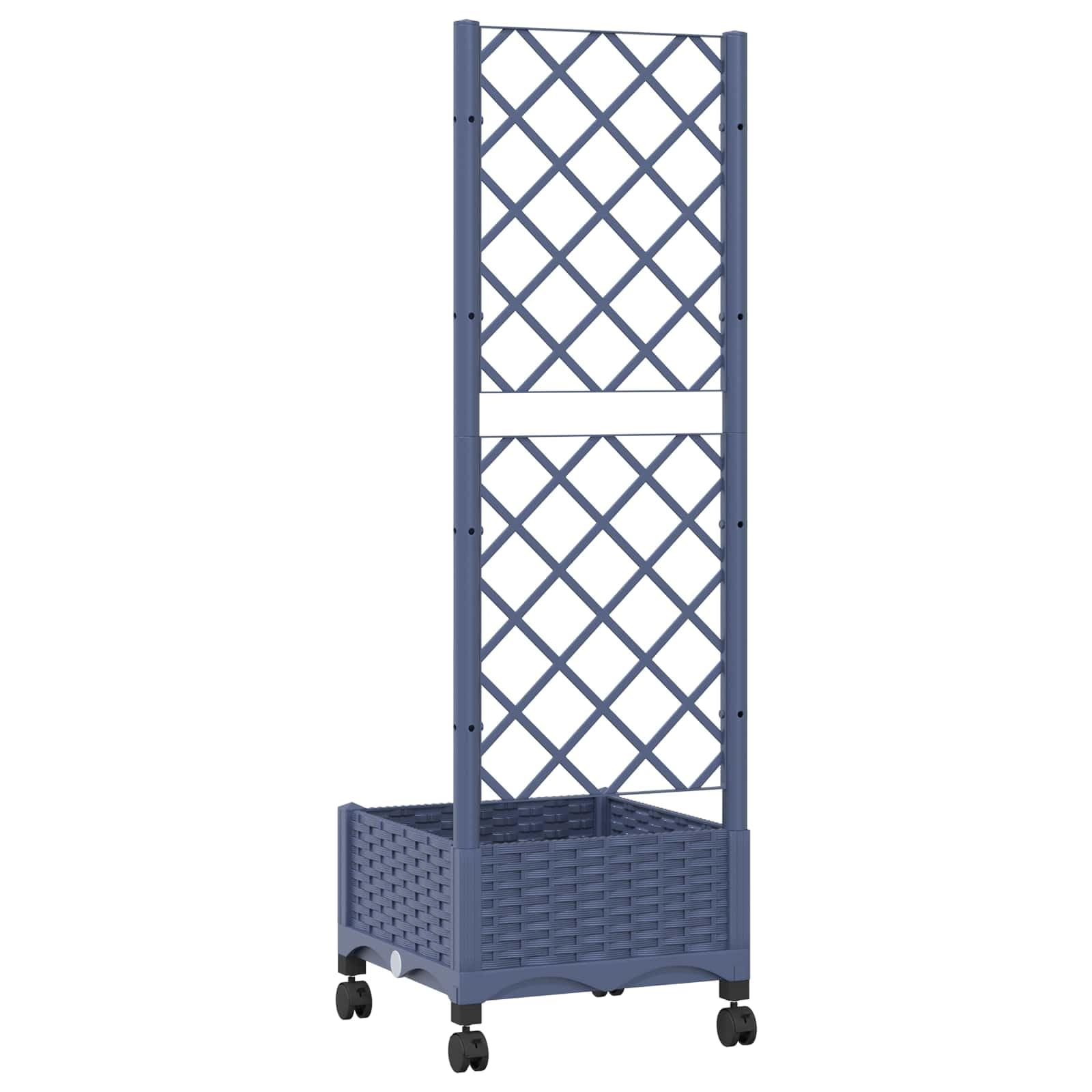 Pflanzkübel mit Spalier und Rädern Blaugrau 40 x 40 x 131,5 cm wetterbeständiger Gartentopf für Balkon und Terrasse mit integrierter Rankhilfe, Drainage, beweglichen Rädern