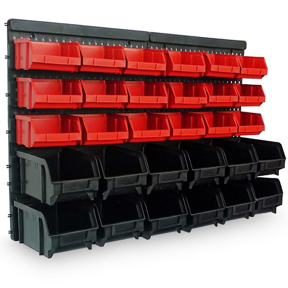 ORDER Werkstatt Lot de 30 boîtes empilables en rouge/noir, organiseur suspendu avec boîtes de tri, 64 x 2 x 38 cm, montage possible