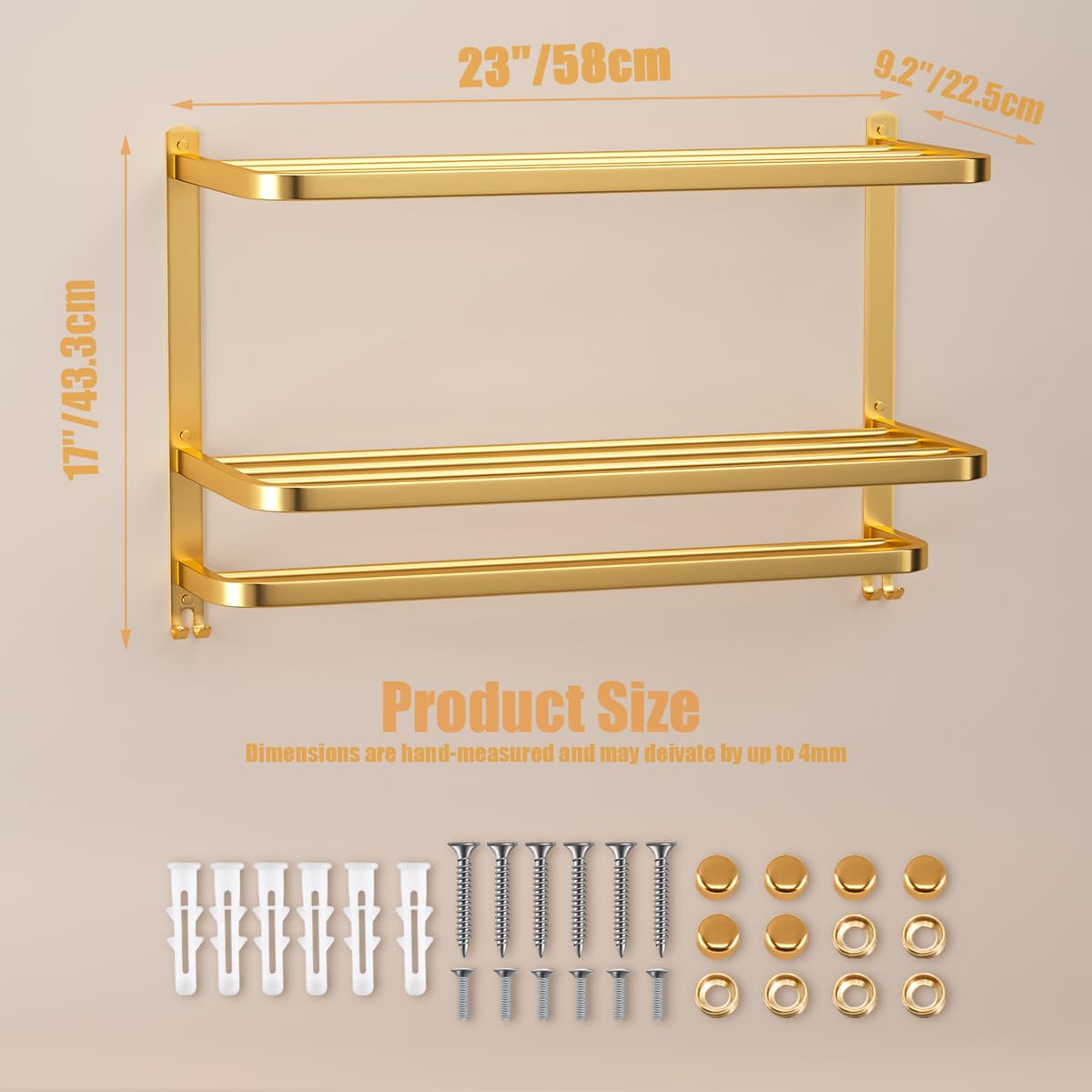 3-stöckige goldene Handtuchhalter für Badezimmer mit Handtuchstangen Mehrschichtiges Hotel Handtuchregal Edelstahl Wandmontage Gebürstete Oberfläche Halter mit Handtuchregalen 58.4 cm