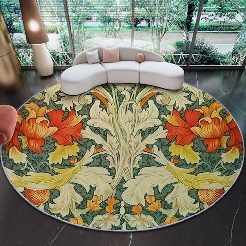 Alfombra Redonda Franela 100 cm - Verde grisáceo Antideslizante Plegable Pelo Corto Arte William Morris Flores Líneas Patrón Alfombra para Salón Cocina Dormitorio o Terraza Decorativo