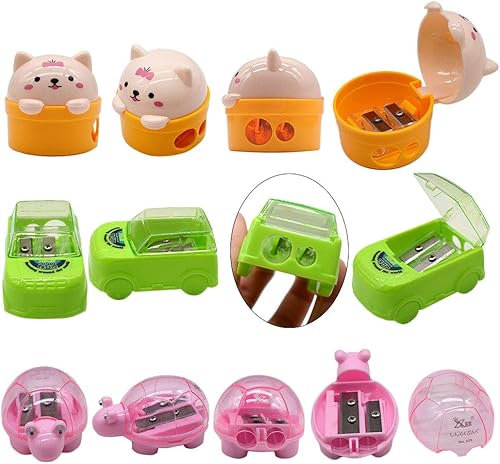 Miniatura 5 de Sacapuntas de animales de dibujos animados, lindo sacapuntas de plástico de dos agujeros, suministros de papelería para estudiantes escolares (juego