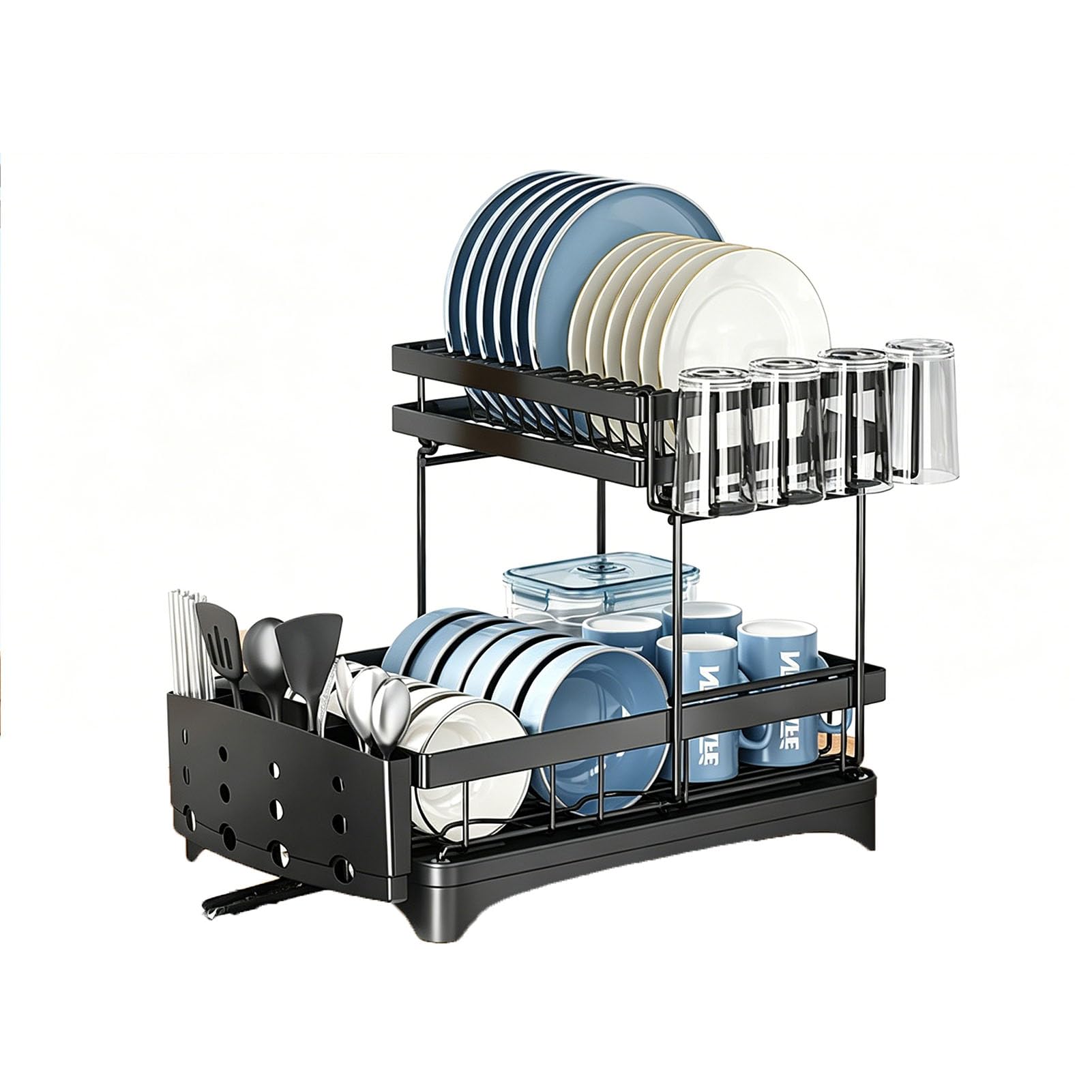 TBATM Dish Drying Rack, Rustproof Carbon Steel Kitchen Dish Rack With Utensil Holder & Pull Out Drain Tray For Countertop Sink Side Storage,Black,A