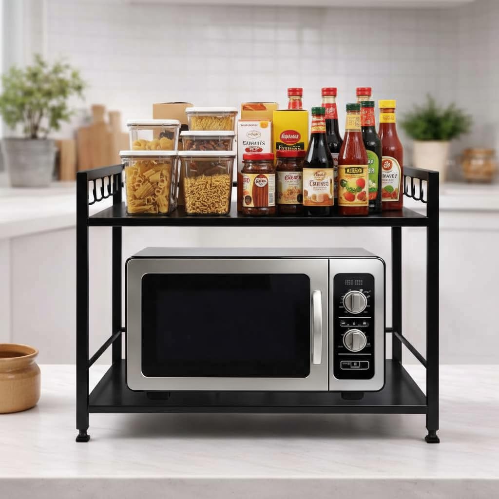Metal Adjustable Kitchen Microwave Stand 20,Inches Organizer Counter Double 2-Tier Platform Rack for Extra Storage Shelf with Hooks Kitchen Multipurpose Countertop Oven Rack (Black)-image-41