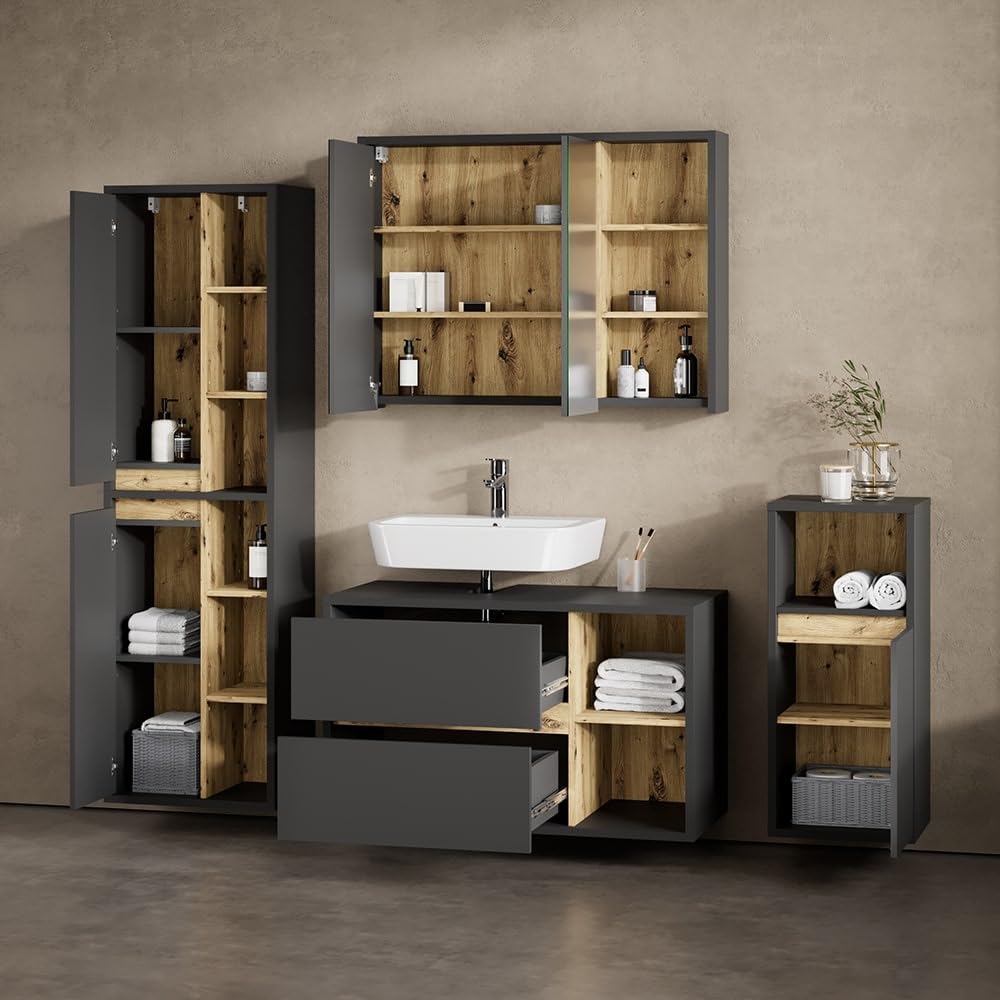 Livinity Set di mobili da bagno Vomano, Antracite, 4 parti