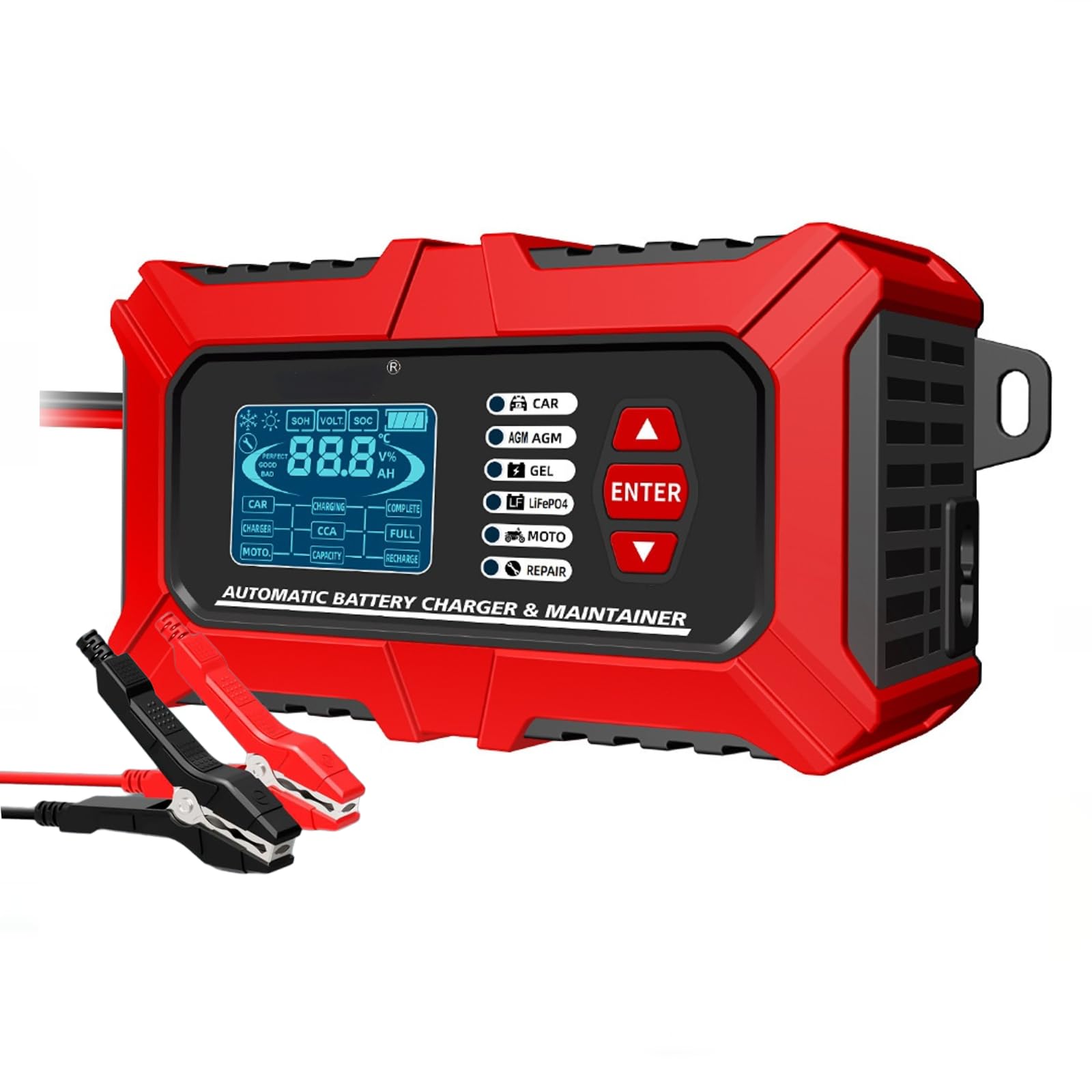 3-w-1 inteligentna ładowarka akumulatorów samochodowych, tester i konserwator 12 V 6 A – regenerator impulsów do pojazdów elektrycznych, motocykli, kosiarek, akumulatorów morskich,LiFePO4, AGM,2-200Ah