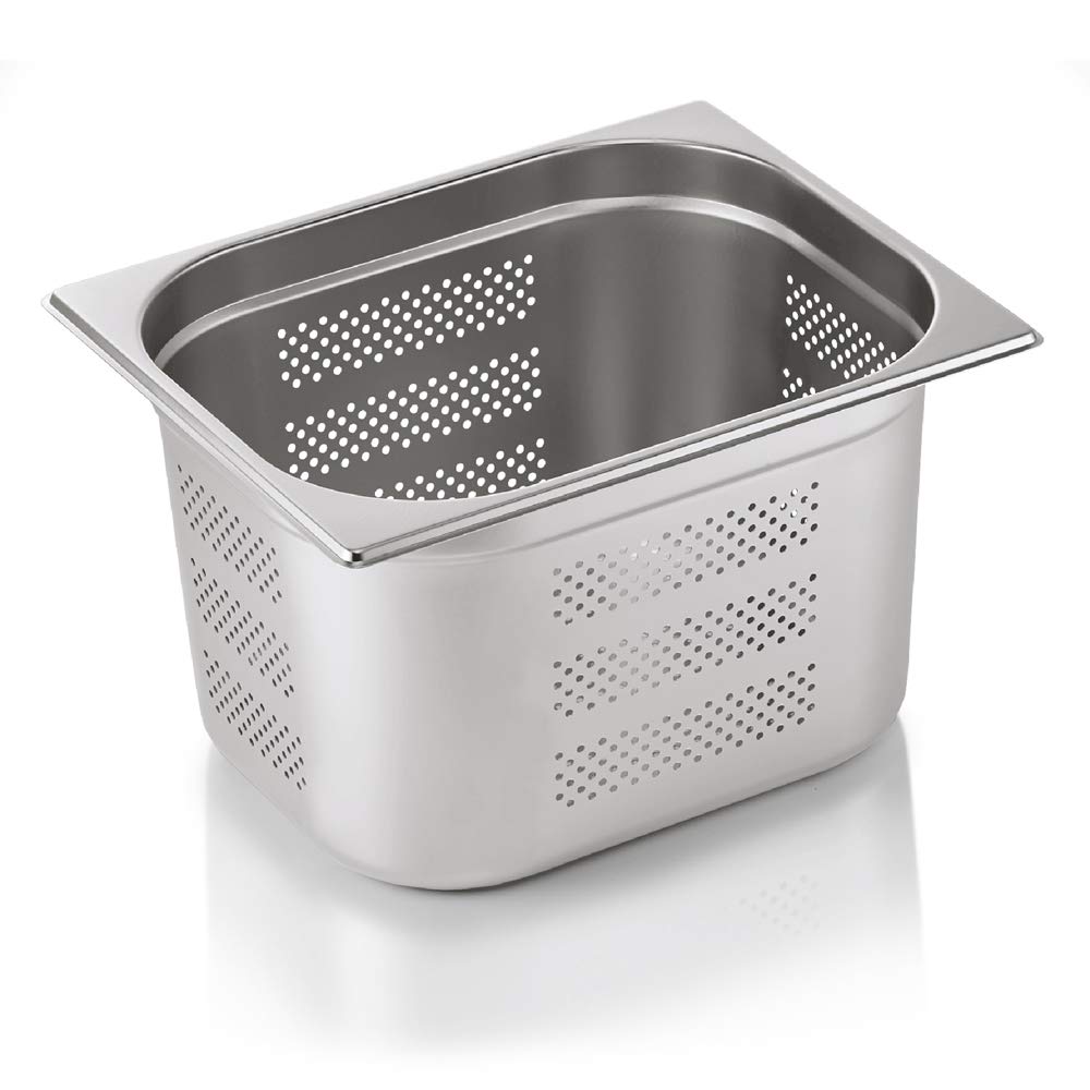 WAS 7112 200 Serie 71 Chromnickelstahl Gastronormbehälter mit Stapelrand, Boden & Seitenlochung, 1/2 GN, 325mm x 265mm x 200mm