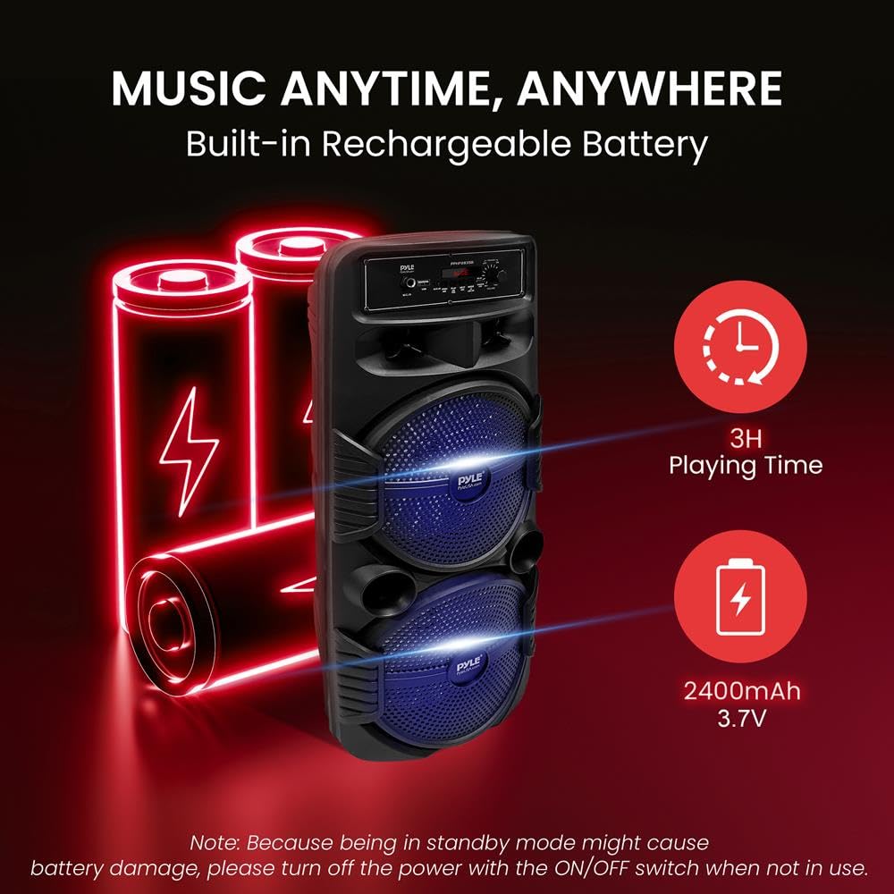 Pyle Enceinte Bluetooth, Enceinte Portable Extérieure Rechargeable de 600 W, Haut Parleur Sono avec Double Caisson de Basses, Tweeter, Entrée Microphone, Lumières de Fête, USB, Radio, Télécommande