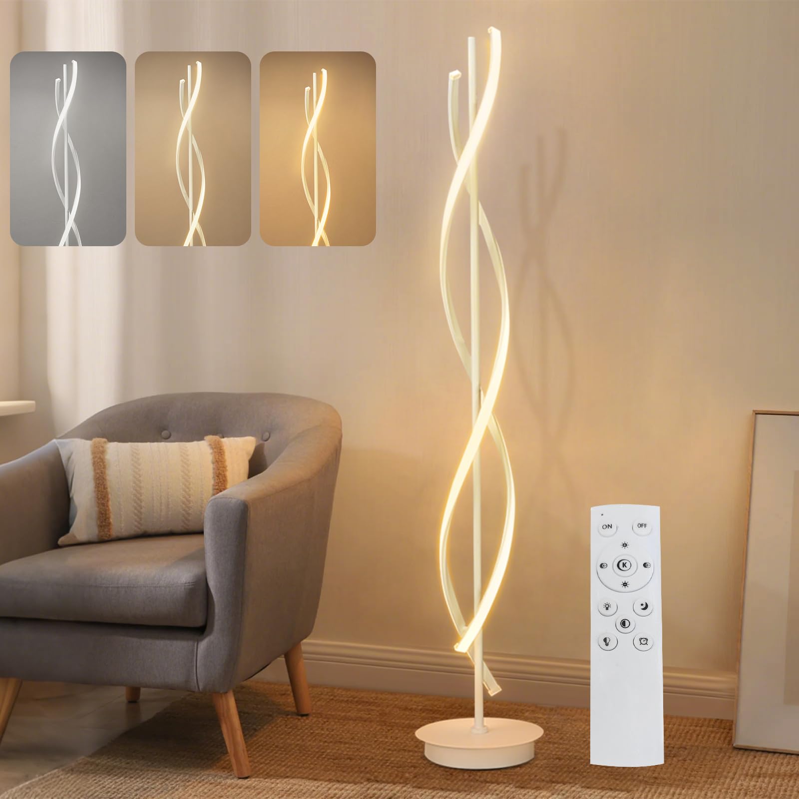 Lampada da Terra Soggiorno LED Dimmerabile, 52W Moderna Piantana Lampada da Terra Salotto con Telecomando Spirale Design Lampada Piantana per Camera da Letto (Bianco)
