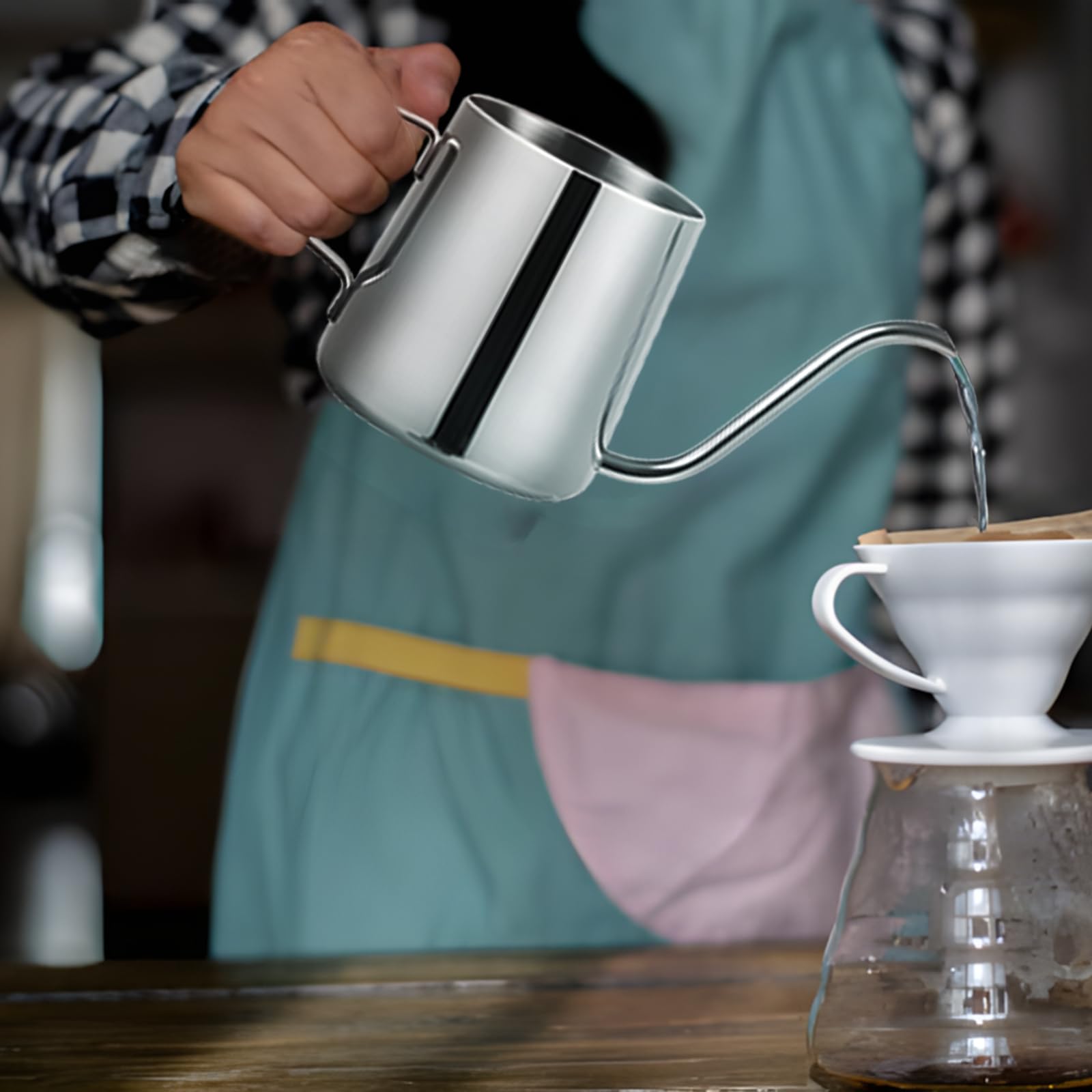 Hervidor de Café con Cuello de Cisne de Acero Inoxidable, Cafetera de Cuello de Cisne Larga - 350ml, Taza de Café para Espumar con Marca de Medición para Cocina, Doméstica, Cafetería