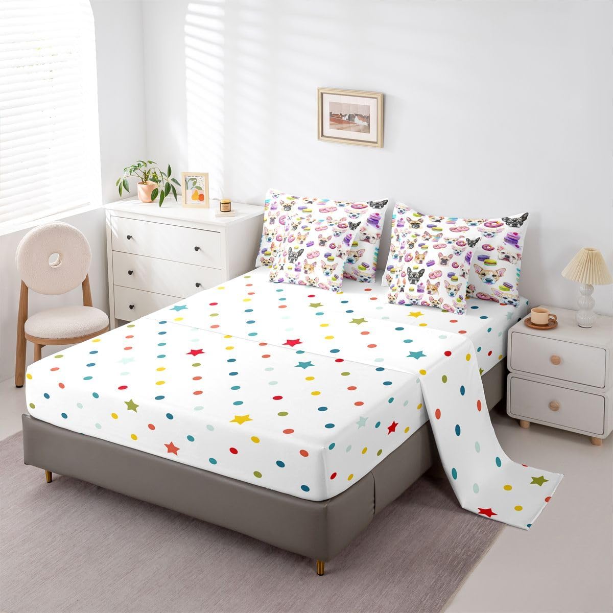 Erosebridal Pup Dog Bed in a Bag Queen Comforter Set 7 Piece,Doughnut Bedding Sets Cute Animal Sheet Set with Comforter