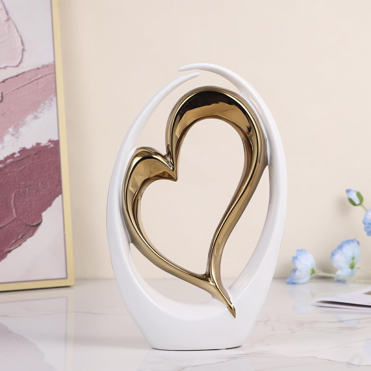 White and Gold Ceramic Statues, Abstract Heart Sculptures for Bedroom Decor, Wedding Decor, Decoraciones para Salas De Casa, for Her (D-White Gold)