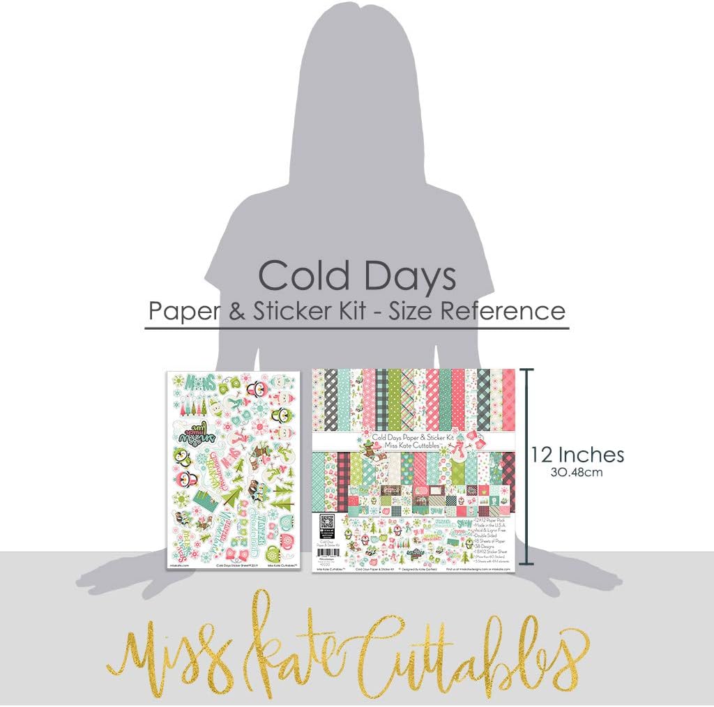 Miss Kate Cuttables Paper & Sticker Kit - Cold Days - Winter - 20 Double-Sided 12x12 Papers with 39 Designs & 1 8X12 Sticker Sheet - Scrapbooking Card Making Crafting