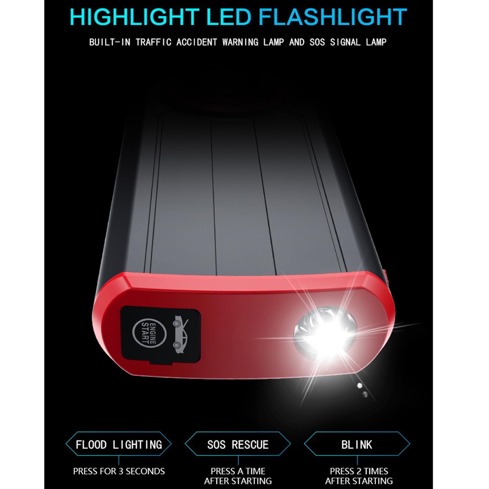 Avviatore di emergenza per auto, caricabatterie portatile da 12000 mAh, booster per auto, 1000 A, carica rapida, supporto per batteria, cavo di avviamento, luce LED multimodale con porta USB per vei
