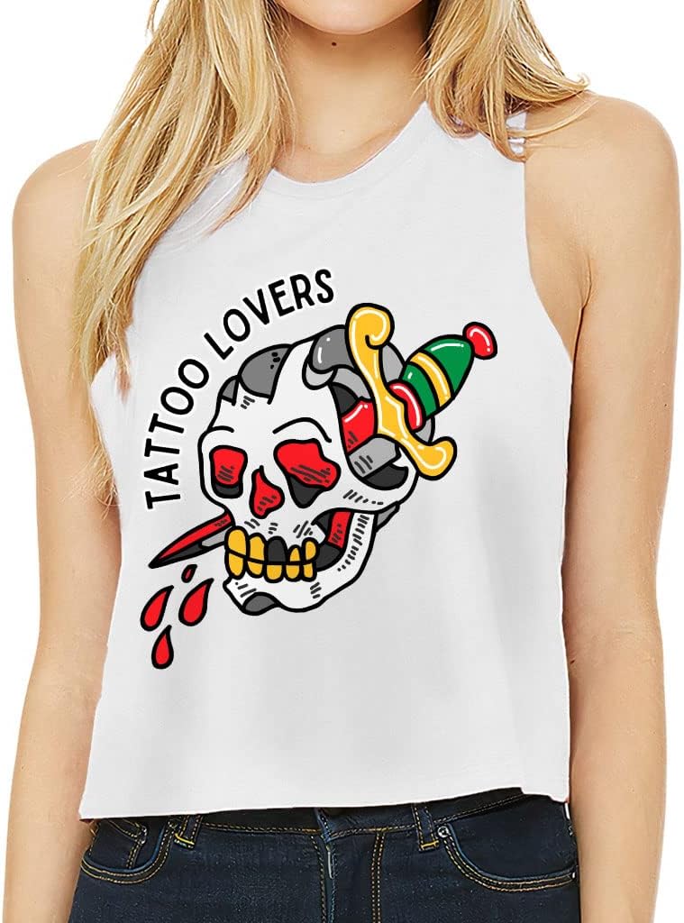 Skull Tattoo Racerback Cropped Tank - Cool Design Women's Tank - Printed Tank Top