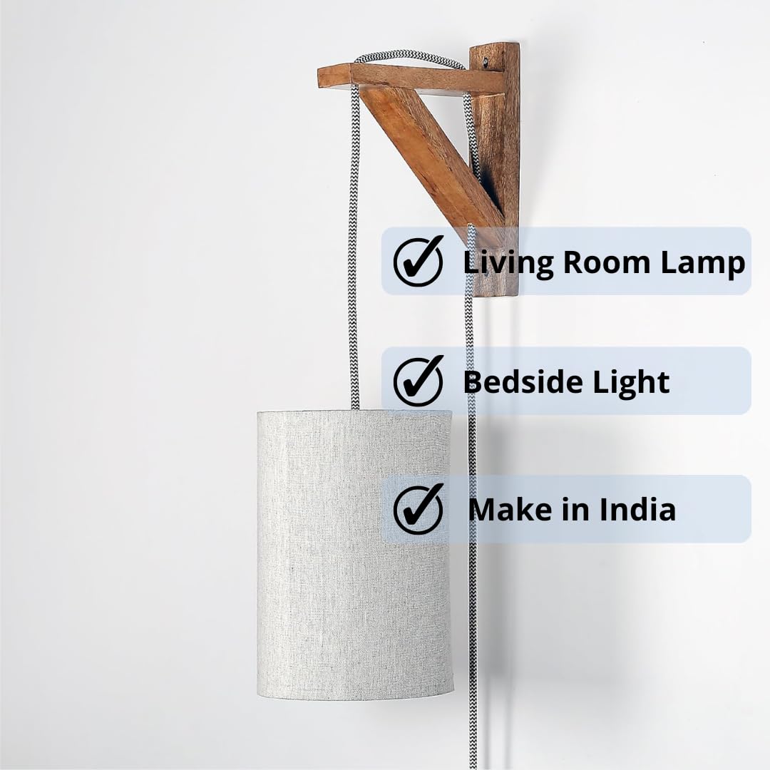 Craftter Wooden Surface Fabric Shade Wall Lamp, Round Shape Bedside Wall Hanging Light,Wall Sconce Decorative Night Light for Home, Office,Living Room,Bedroom (Grey, 23x15 cm)