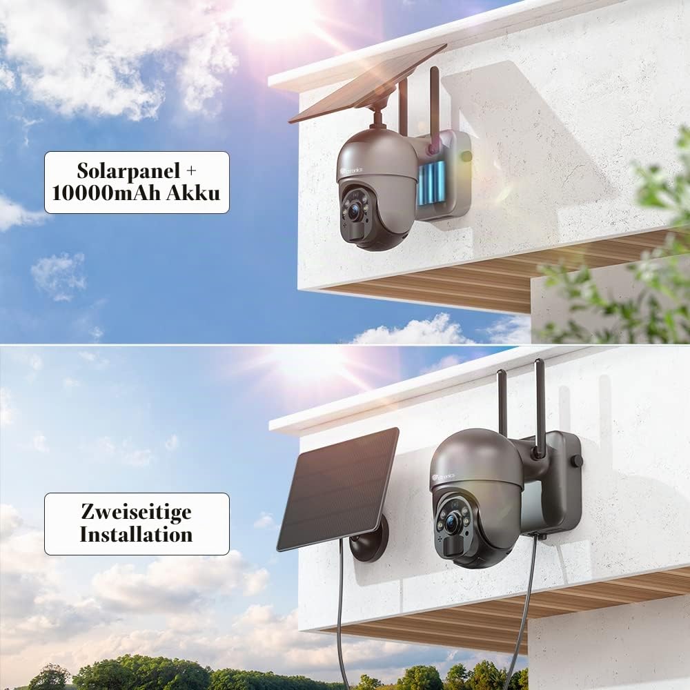 Ctronics 2.5K 4MP Überwachungskamera Aussen mit Solarpanel, 2560×1440P PTZ WLAN IP Kamera Outdoor mit Akku, 355°/95° Schwenkbar, PIR Personenerkennung, Farbige Nachtsicht mit Spotlight, IP66 | 2560×1440P,mit Akku,355°/95° Schwenkbar, PIR Personenerkennung