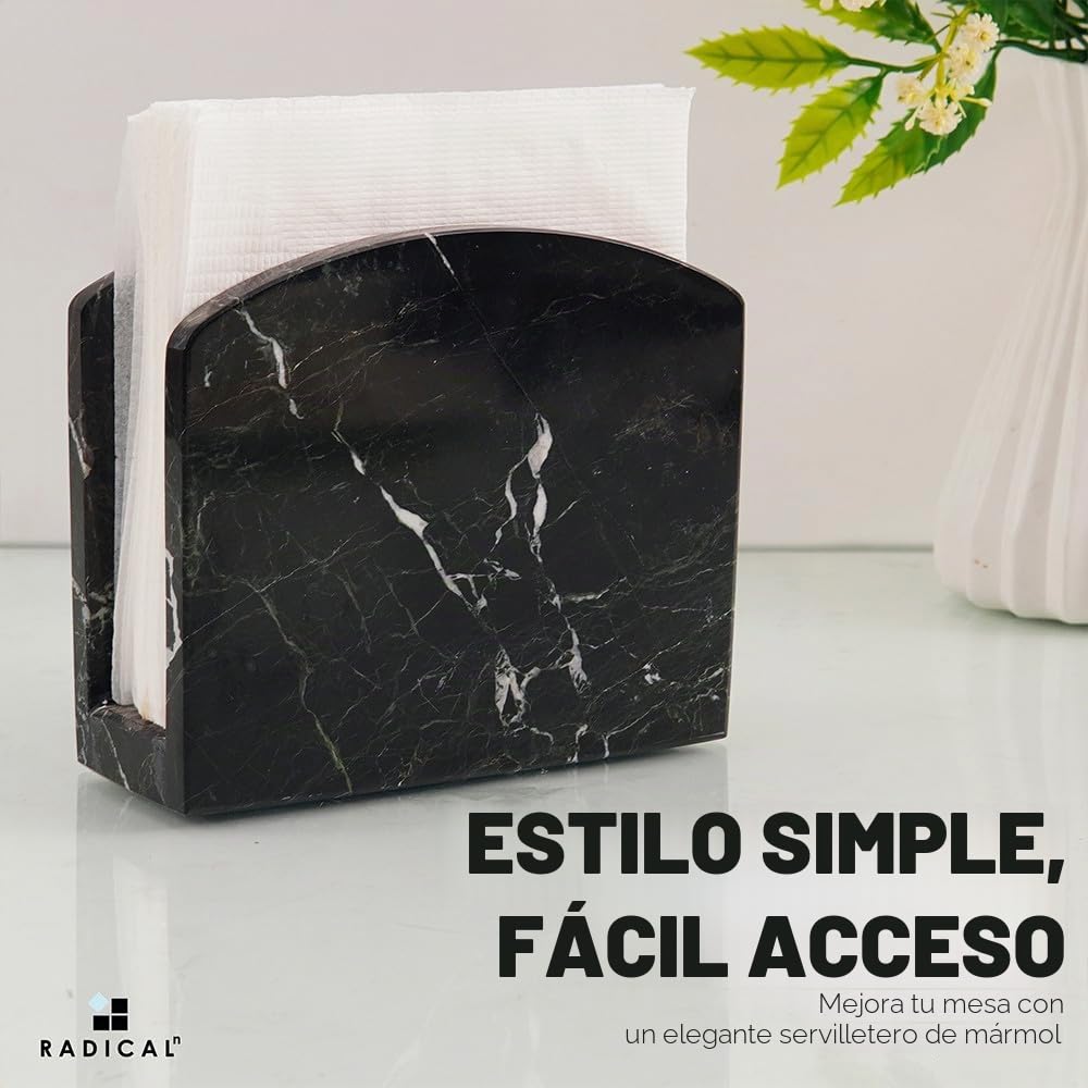 Radicaln Servilletero de 14 cm, mármol negro hecho a mano, elegante como decoración para bodas y para colocar servilletas de cocina. Para servilletas de café y cóctel, accesorios de cocina
