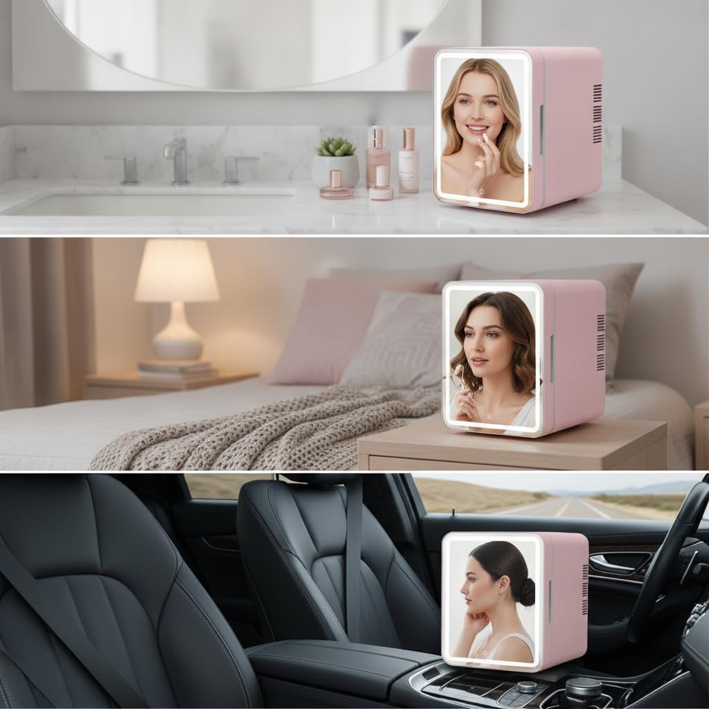 Mini Nevera 6L con Espejo LED, Mini Frigorífico y Calentador para Cosméticos y Coche, Portátil DC12V/AC220V, Rosa, Espejo con luz, enchufe americano