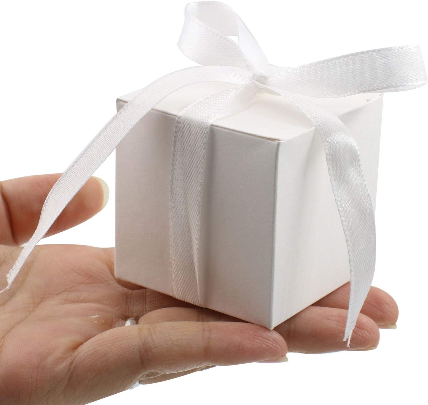 KPOSIYA 100 Pack Favor Boxes 2x2x2 inch Candy Boxes White Gift Boxes with Ribbons for Wedding Baby Shower Decorations Birthday Party Supplies - Image 8