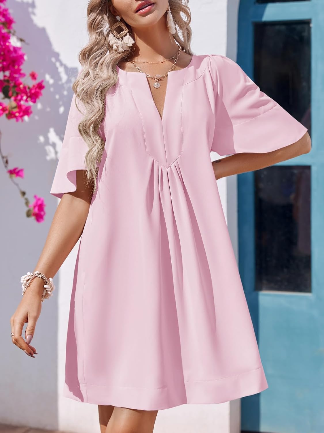 Wenrine Womens Flutter Short Sleeve Mini Dress Casual V Neck Loose Flowy Summer Dresses - Image 3