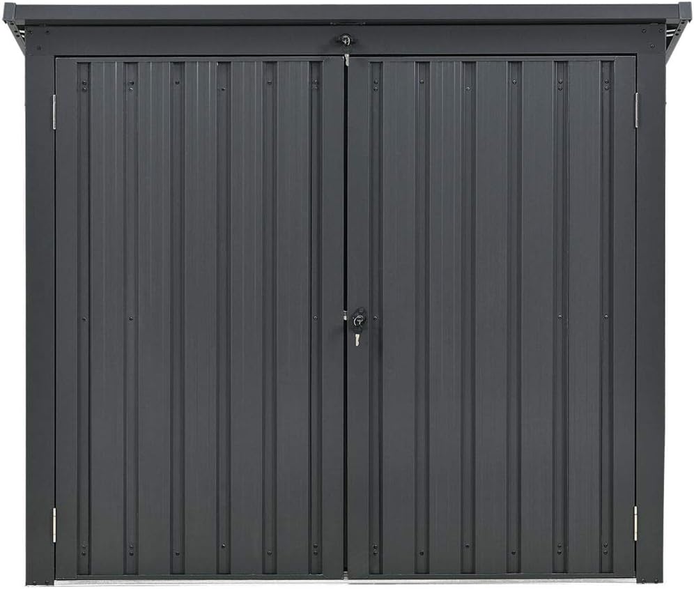 Hanover Trash and Recyclables Metal and Galvanized Steel Storage Shed with Pent Roof and 2-Point Locking System in Dark Gray, Stores 2 Trash Cans, 3.3-Ft. x 5.2-Ft. x 4.4-Ft. Steel Trash/Recyclying Storage