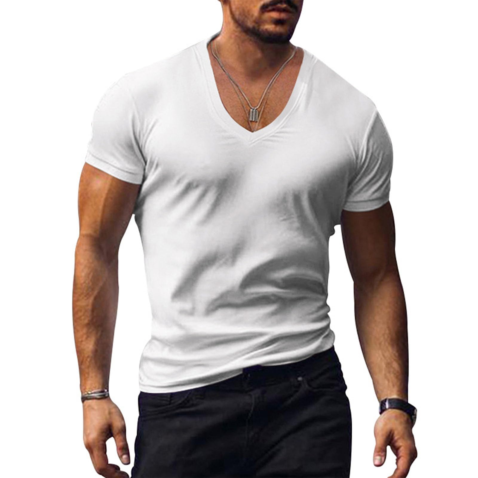 Mens Cotton Athletic Shirts Short Sleeve V Neck Solid Muscle T-Shirt Slim Fit Lightweight Casual Stretch Tops Summer