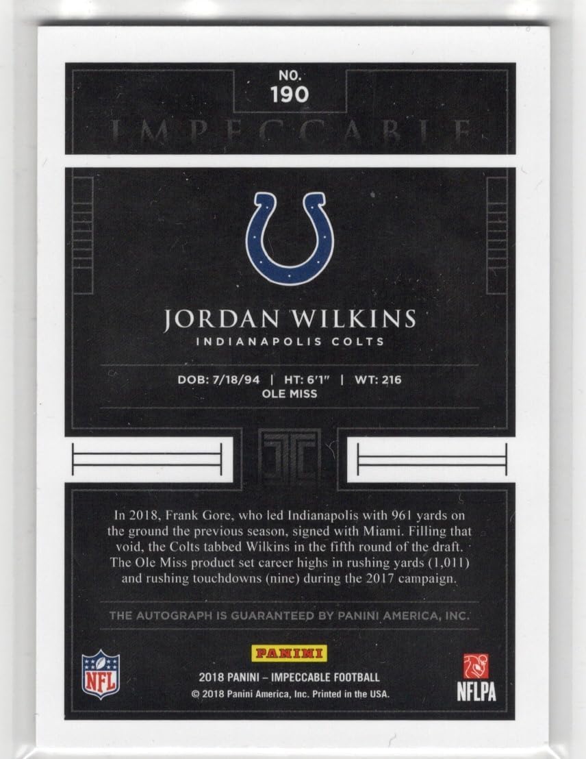 Jordan Wilkins Autographed & Serial Numbered #33/49 Red Parallel Rookie Card Special Insert Collectible Football Card - 2018 Panini Impeccable Football Card #190 (Colts)