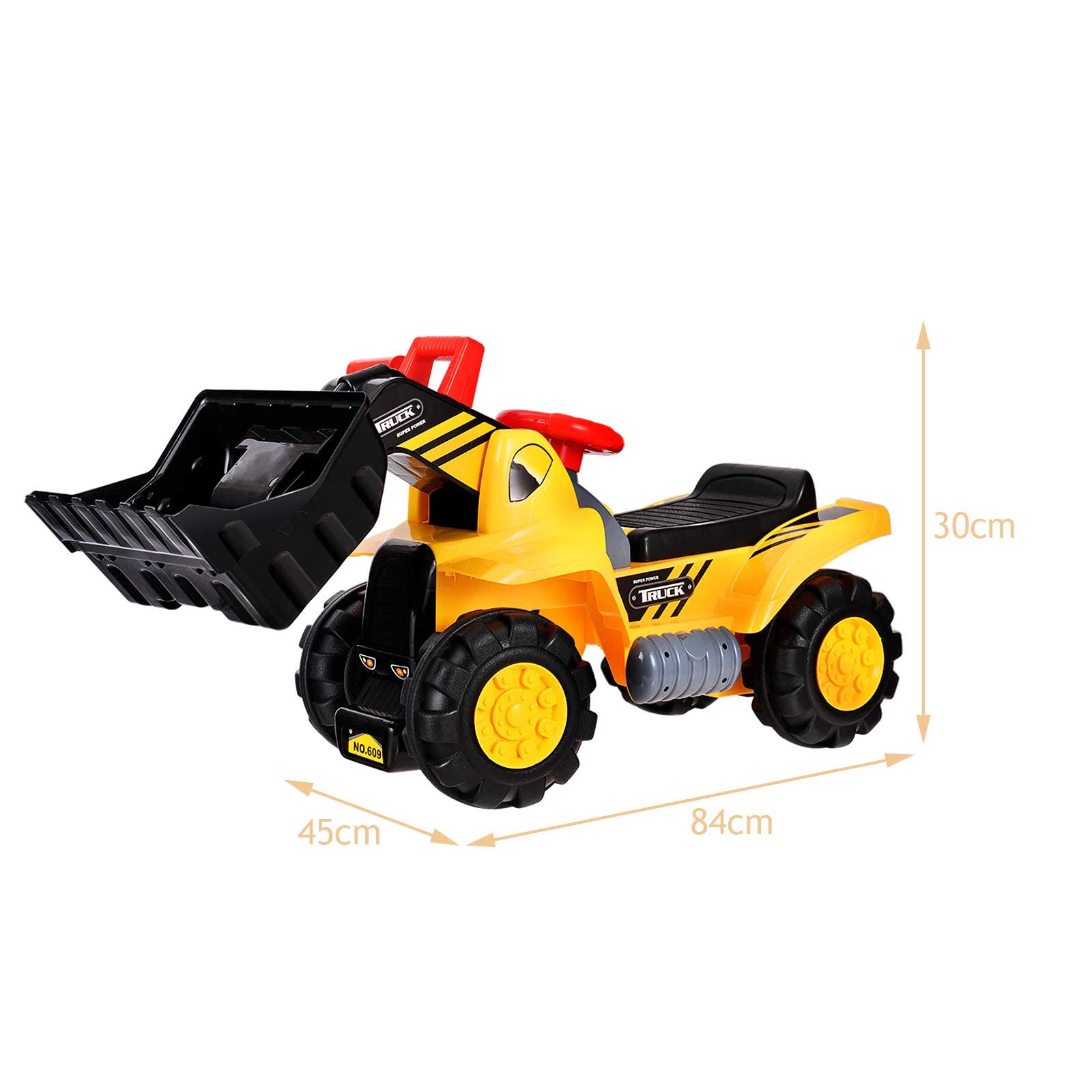 GYMAX Ruspa Cavalcabile Giocattolo per Bambini più di 3 Anni, Escavatore con Spazio di Archiviazione sotto La Sedia, Giallo, 85x45x30 cm