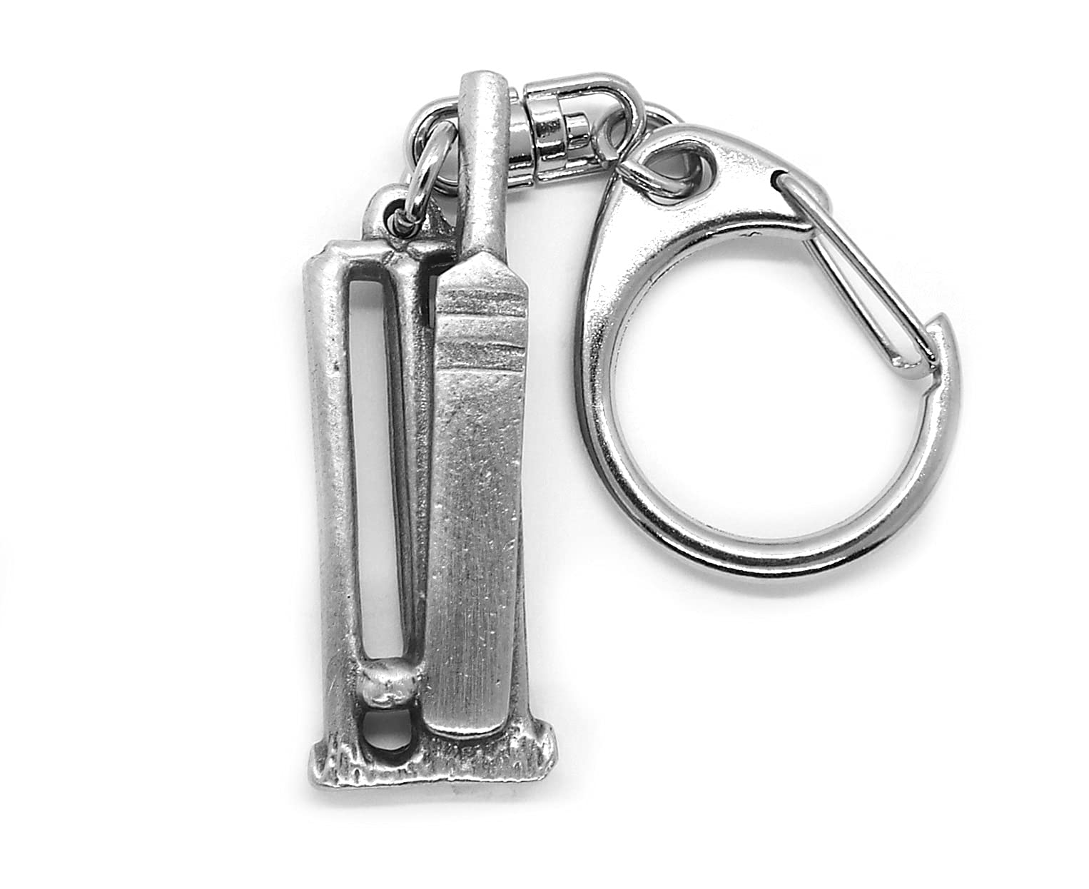 Cricket Bat Ball Stumps Push Gate Keyring in a burlap pouch