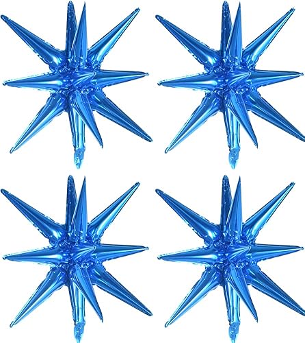 Toniful 4 globos de Mylar de cono de estrella azul 4D de 22 pulgadas, globos de estrella de 14 puntos, globos de papel de aluminio de estrella para